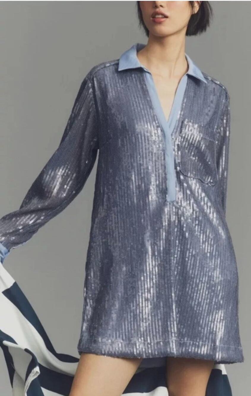 Anthropologie Pilcro Blue Long-Sleeve Sequin Mini Shirt Dress XS
